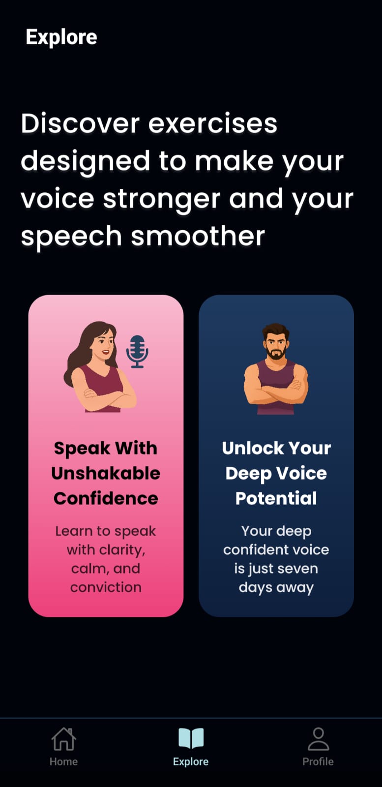 Explore screen with voice exercises