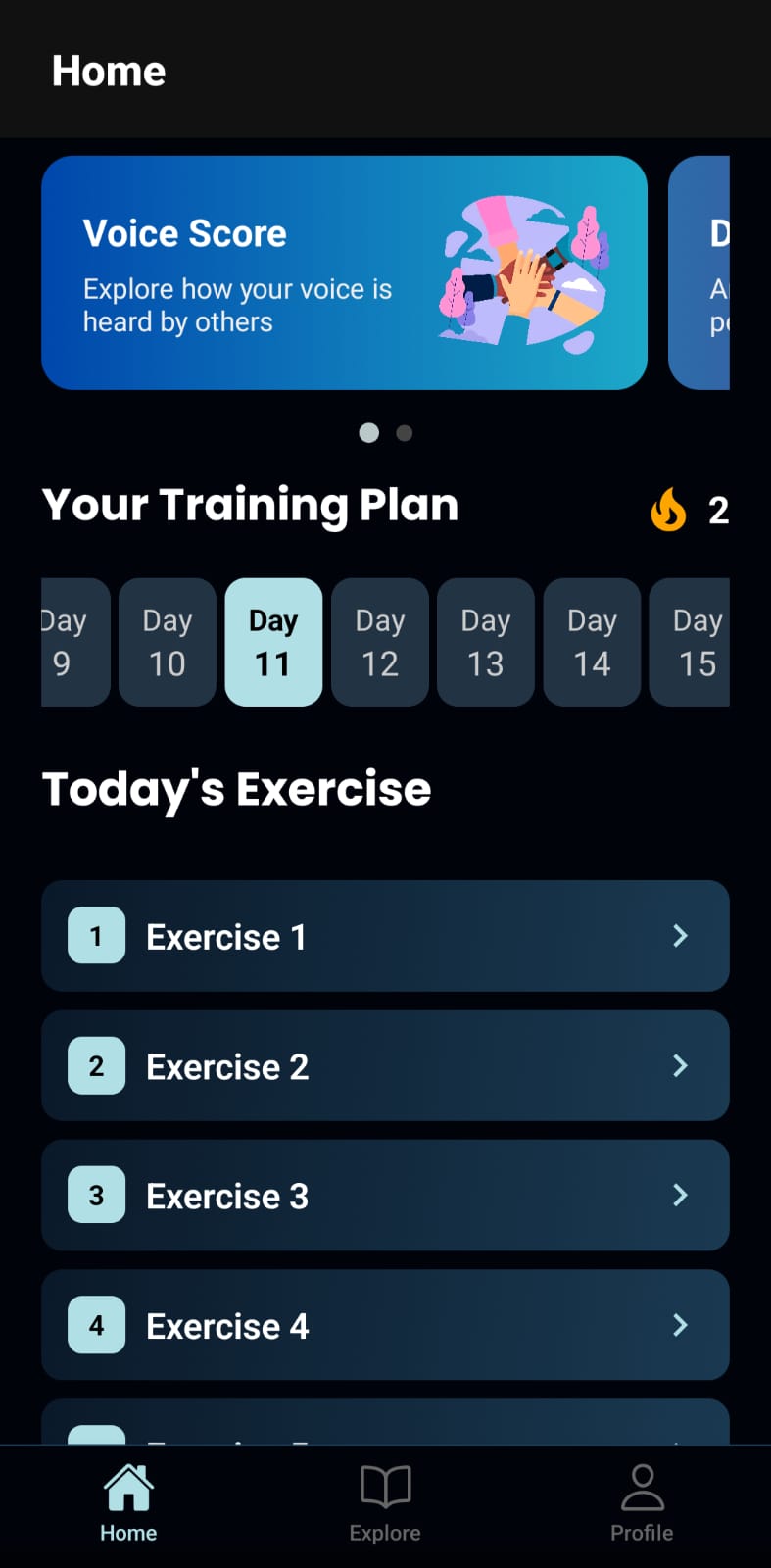 Home screen showing voice training plan